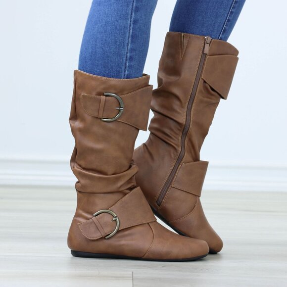 Flat Mid Calf Boots Synthetic Leather Buckles Round Toe Womens Casual Tan - Picture 14 of 16